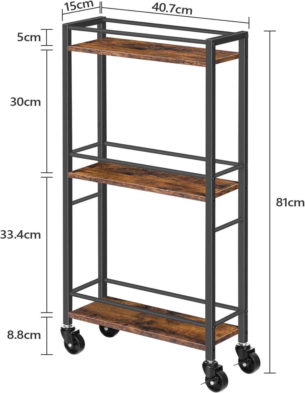 Slim Rolling Cart, Mobile Kitchen Cart on Wheels, Narrow Storage Cart for Small Space, Wooden Service Cart, for Bathroom, Laundry, Living Room, Rustic Brown RCHR1501Z