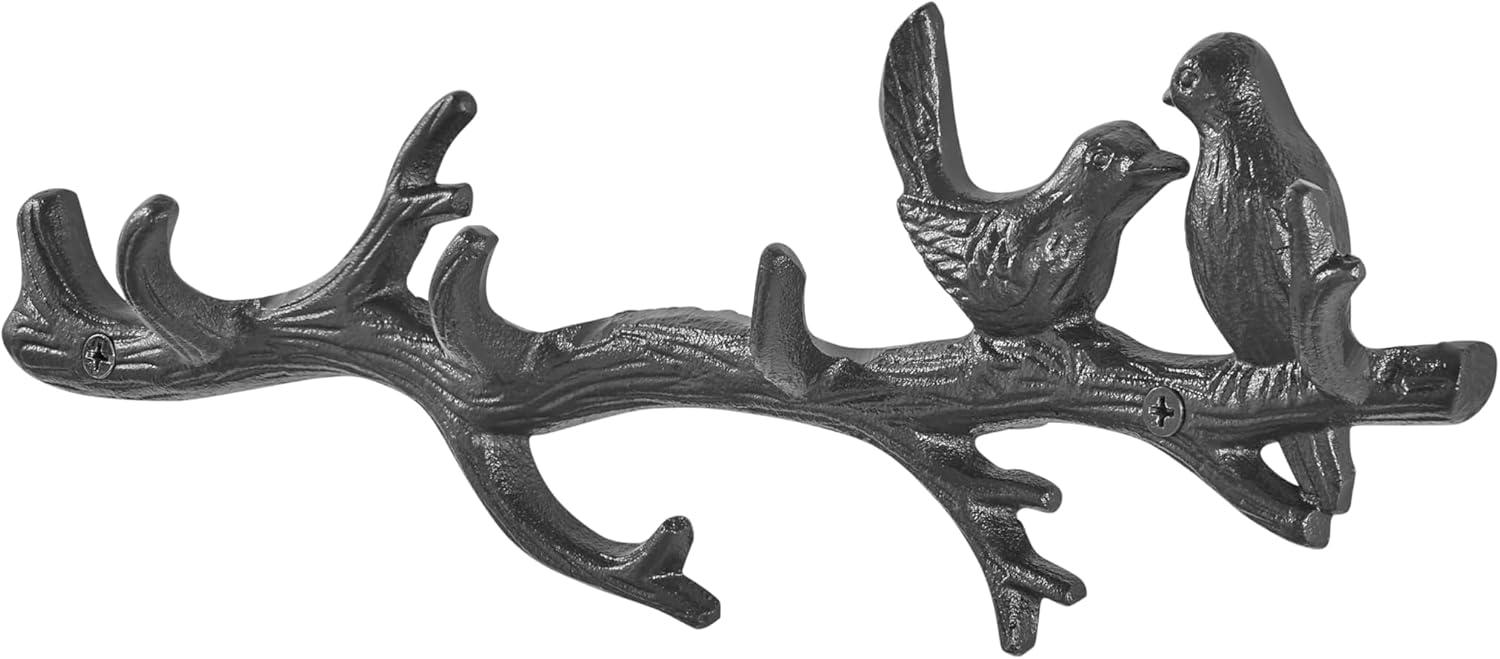 Danya B. Dark Brown Cast Iron Birds on Tree Branch Decorative Wall Sculpture Utility Hook Unit with 4 Hooks