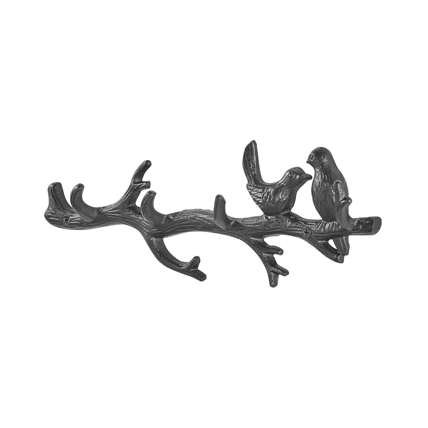 Danya B. Dark Brown Cast Iron Birds on Tree Branch Decorative Wall Sculpture Utility Hook Unit with 4 Hooks