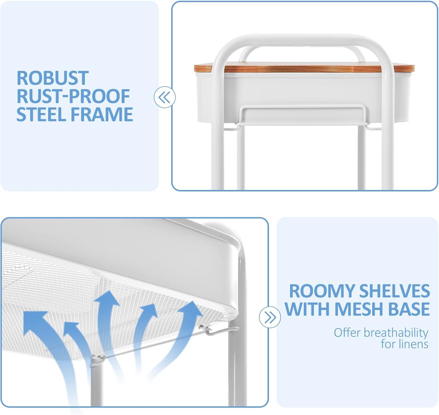 White 3-Tier Carbon Steel Rolling Utility Cart with Locking Wheels