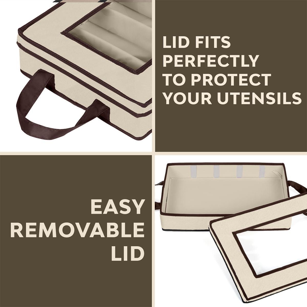 Windowed Flatware Storage Chest, 5 Compartment Storage with Serving Utensil Pouch, Canvas with Brown Trim