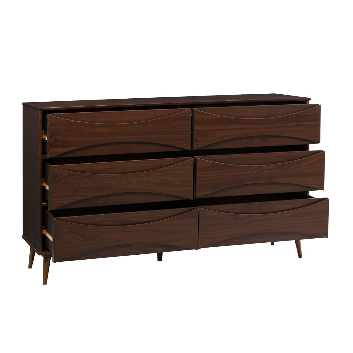 Walker Edison 58” Mid-Century Modern Curved Front 6-Drawer Dresser, Walnut