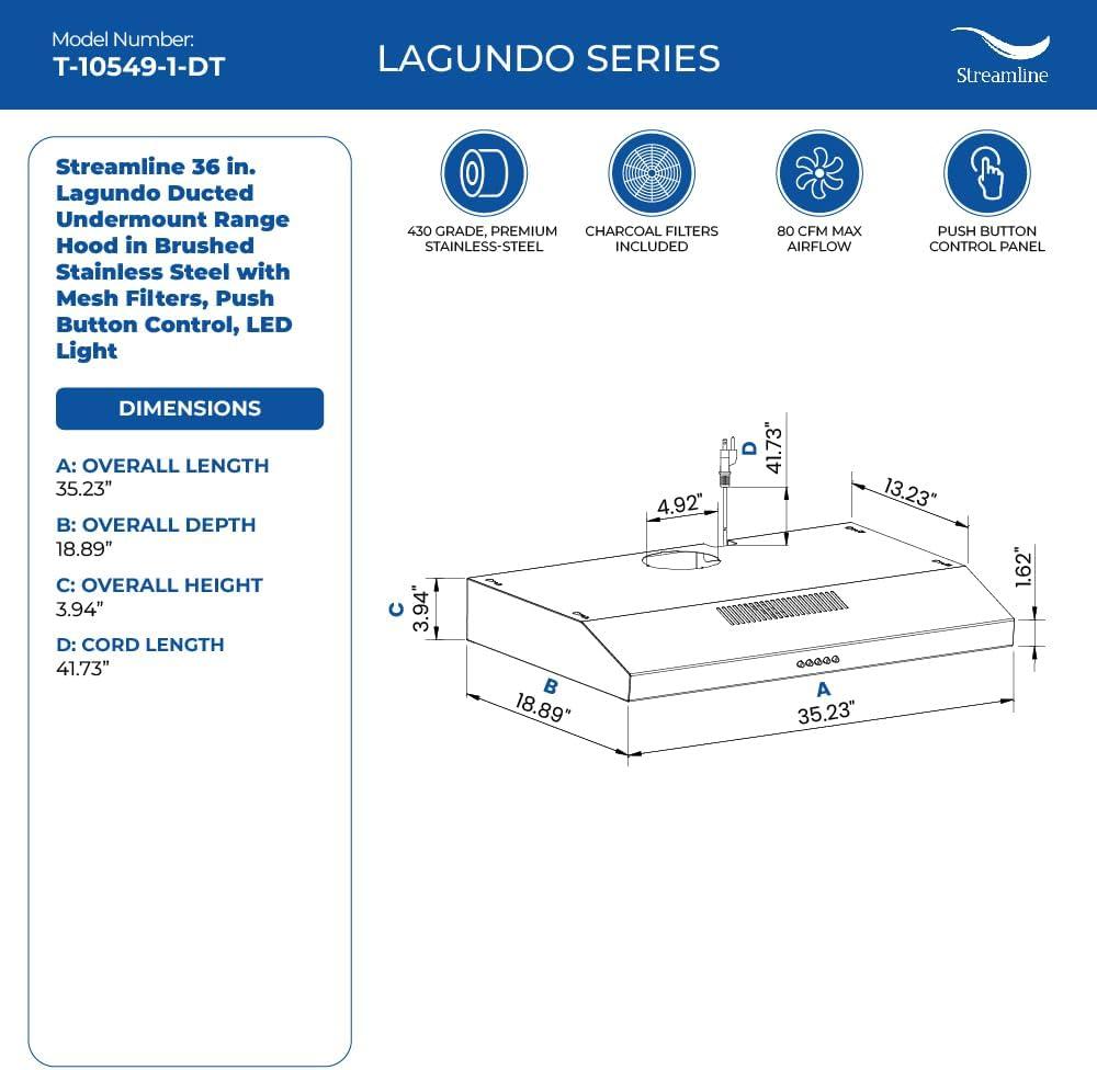Streamline Lagundo 36" 80 Cubic Feet Per Minute Ducted Under Cabinet Range Hood with Mesh Filter and Light Included
