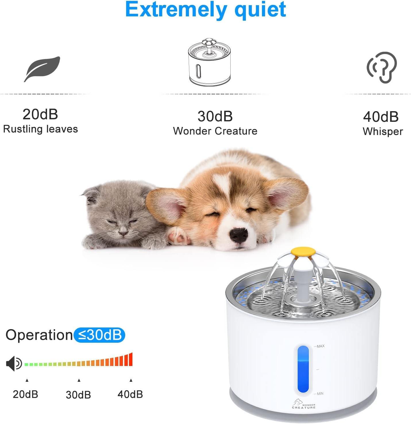 Cat Water Dispenser, Pet Fountain Stainless Steel, 2.4L Cat Water Fountain with 3 Replacement Filters and Cleaning Brushes, Ultra Quiet Water Level Window with LED Light 3 Ways to Drink