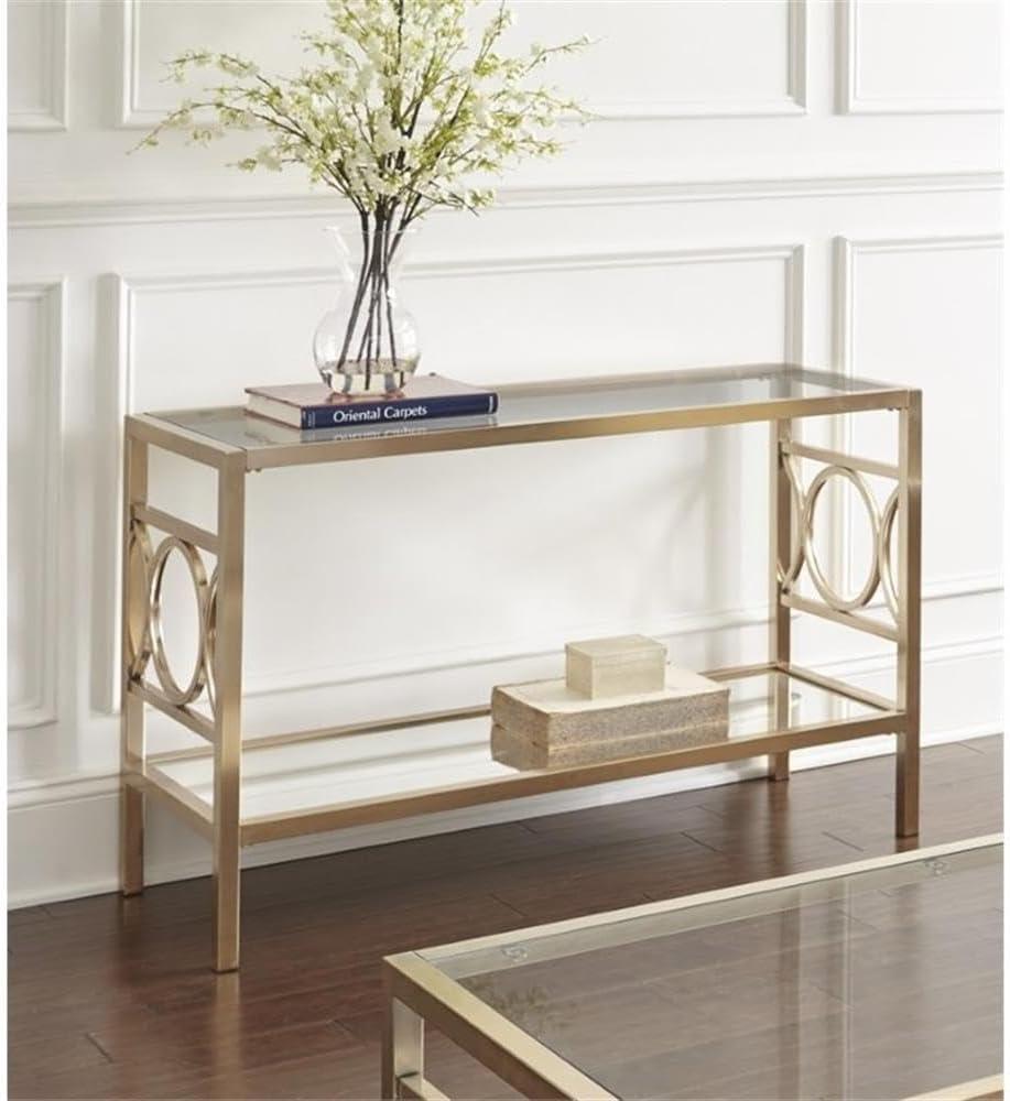 Olympia Sofa Table Glass Iron and Chrome - Steve Silver Co.: Mirrored Base, Circular Side Design, No Tools Assembly