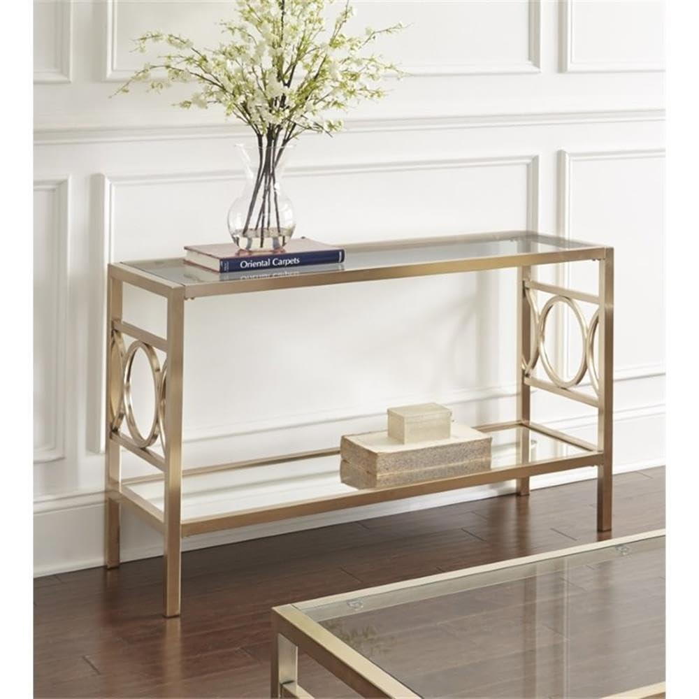 Olympia Sofa Table Glass Iron and Chrome - Steve Silver Co.: Mirrored Base, Circular Side Design, No Tools Assembly