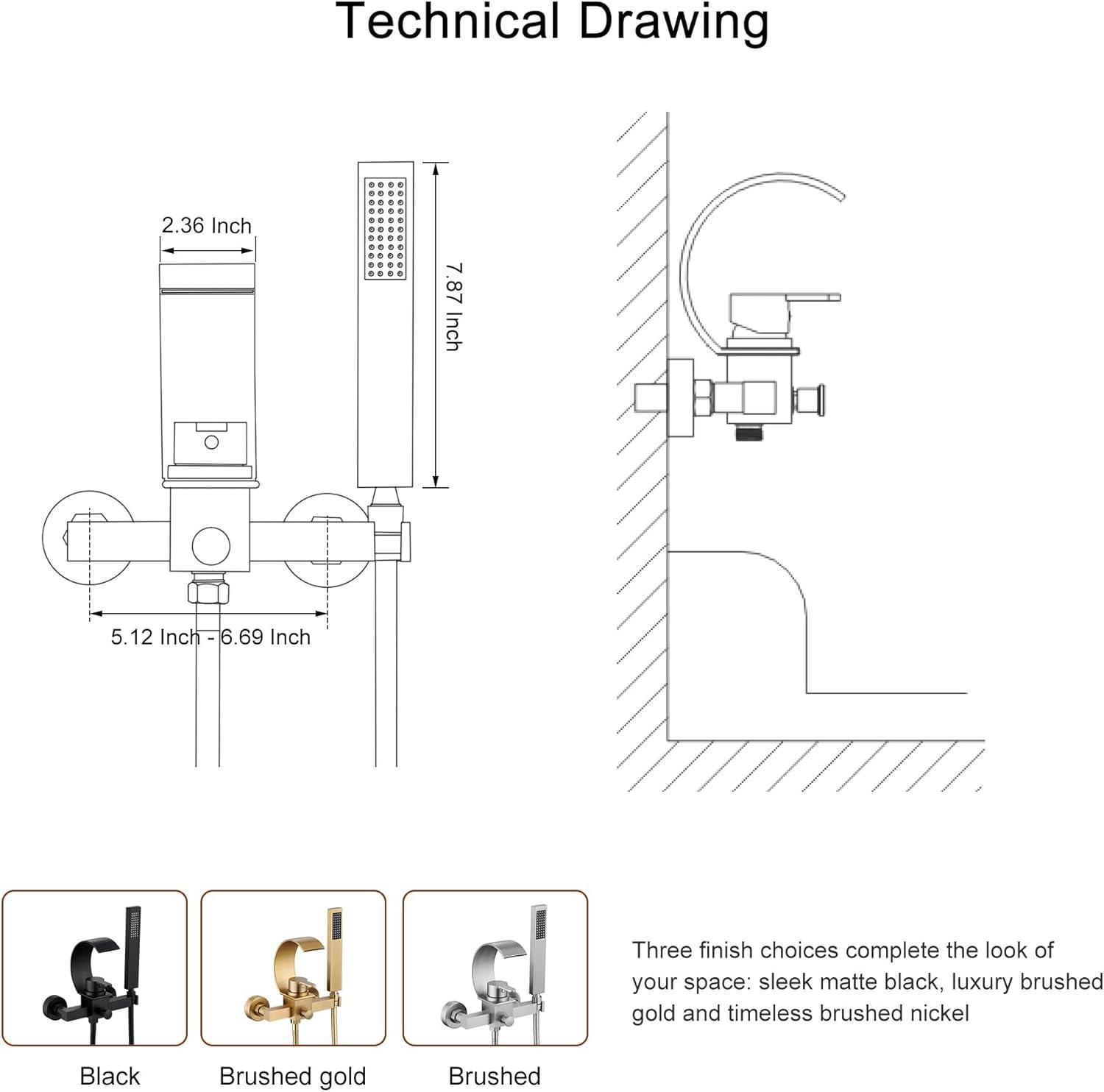 Herathena Wall Mounted Waterfall Tub Spout with Diverter and Handshower