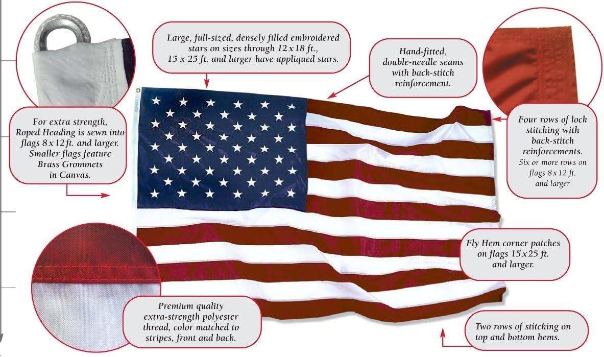 Flag 12x18 ft. Tough-Tex the Strongest, Longest Lasting Flag , with Sewn Stripes, Embroidered Stars and Roped Heading.