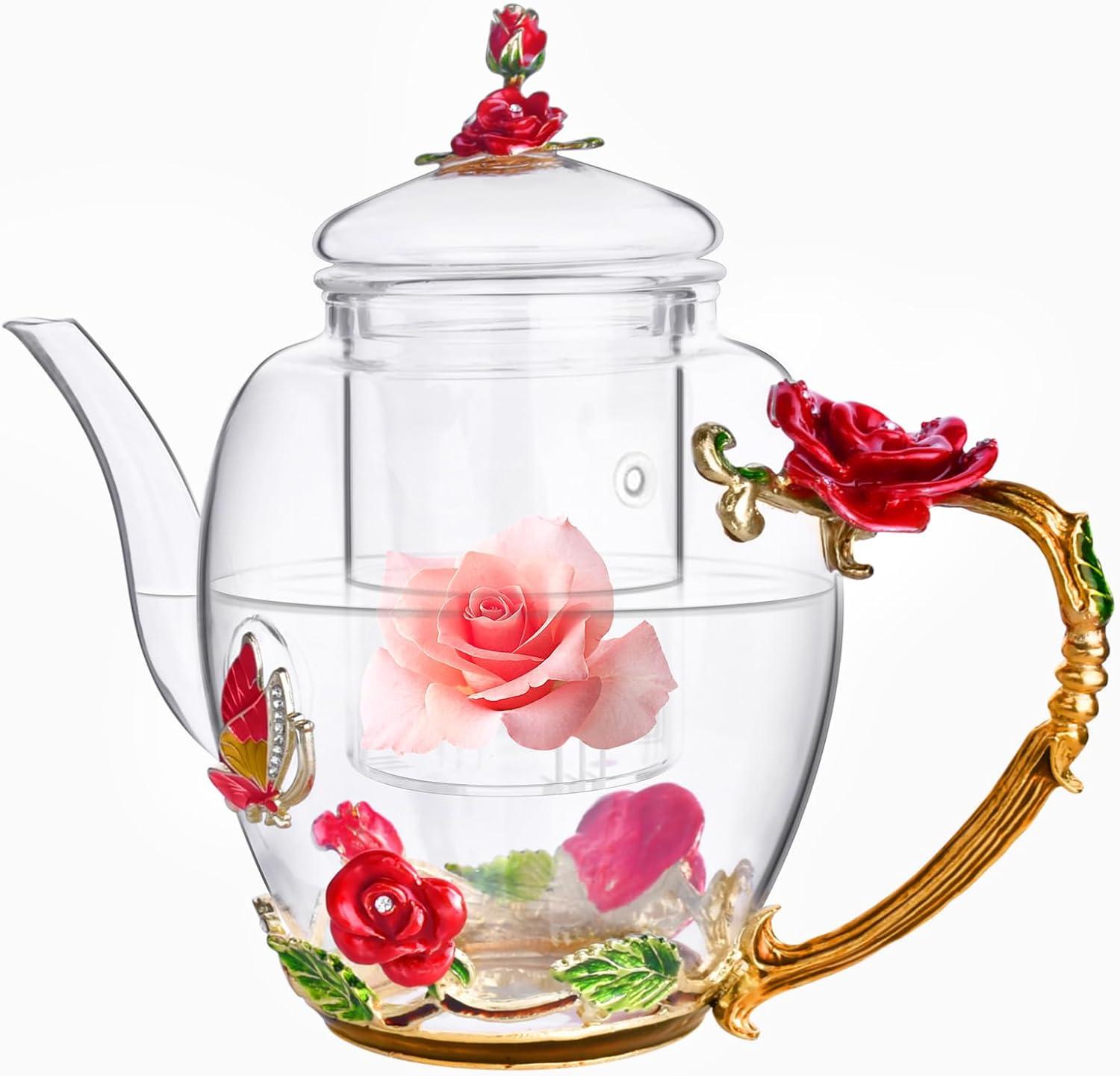 House of Hampton® Enamel Glass Flower Tea Pot With Removable Loose Tea Leaf Infuser Tea Maker Teapot Set 30.4OZ Gifts For Women,Mom,Birthday