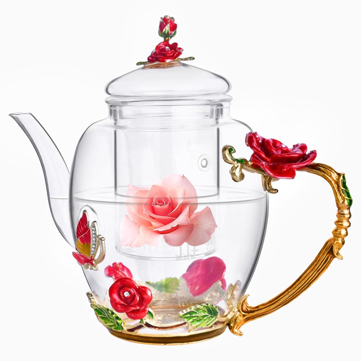 House of Hampton® Enamel Glass Flower Tea Pot With Removable Loose Tea Leaf Infuser Tea Maker Teapot Set 30.4OZ Gifts For Women,Mom,Birthday