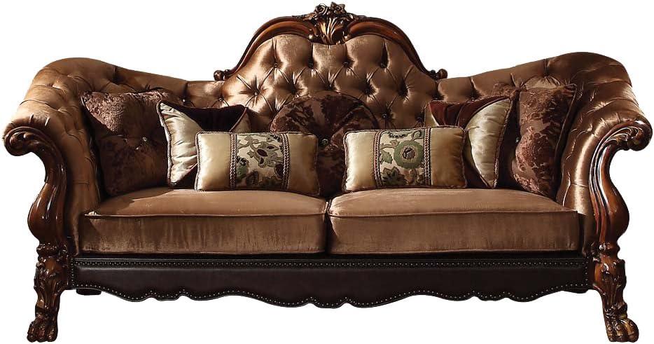 Golden Brown Velvet and Cherry Oak Tufted Sofa with Removable Cushions