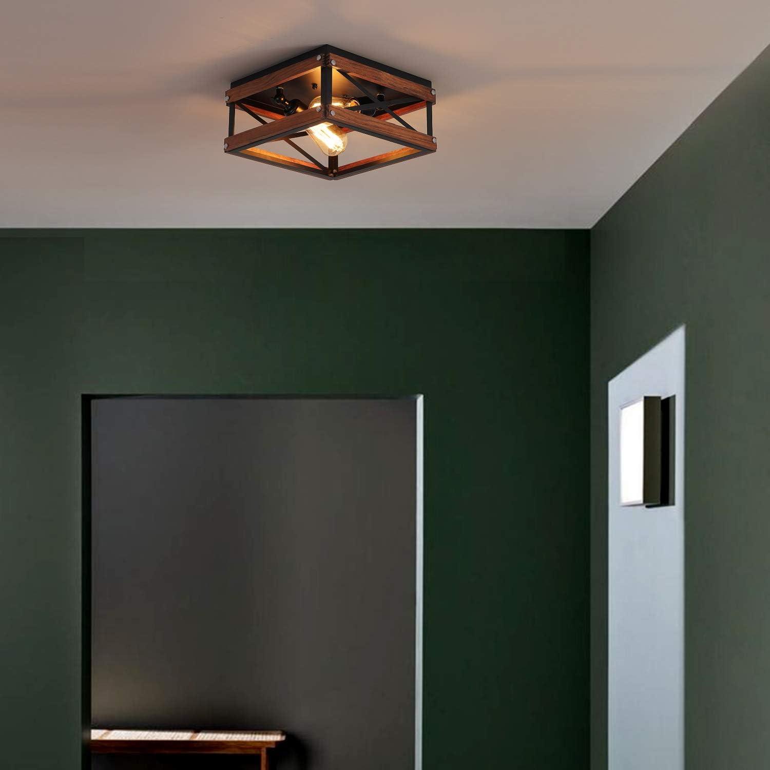 Black Metal and Wood Farmhouse Flush Mount Ceiling Light