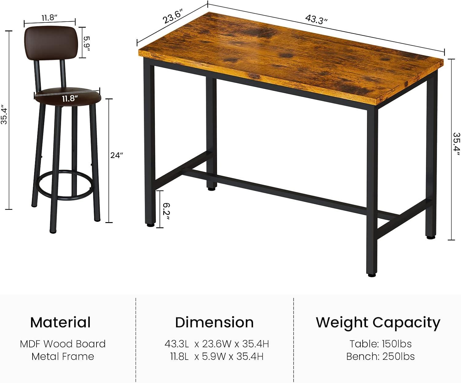 Recaceik Bar Table and Chairs Set Industrial Counter 35.4"H Table Set with 4 PU Upholstered Stools