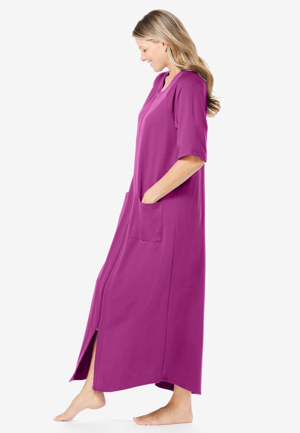 Dreams & Co. Women's Plus Size Long French Terry Zip-Front Robe