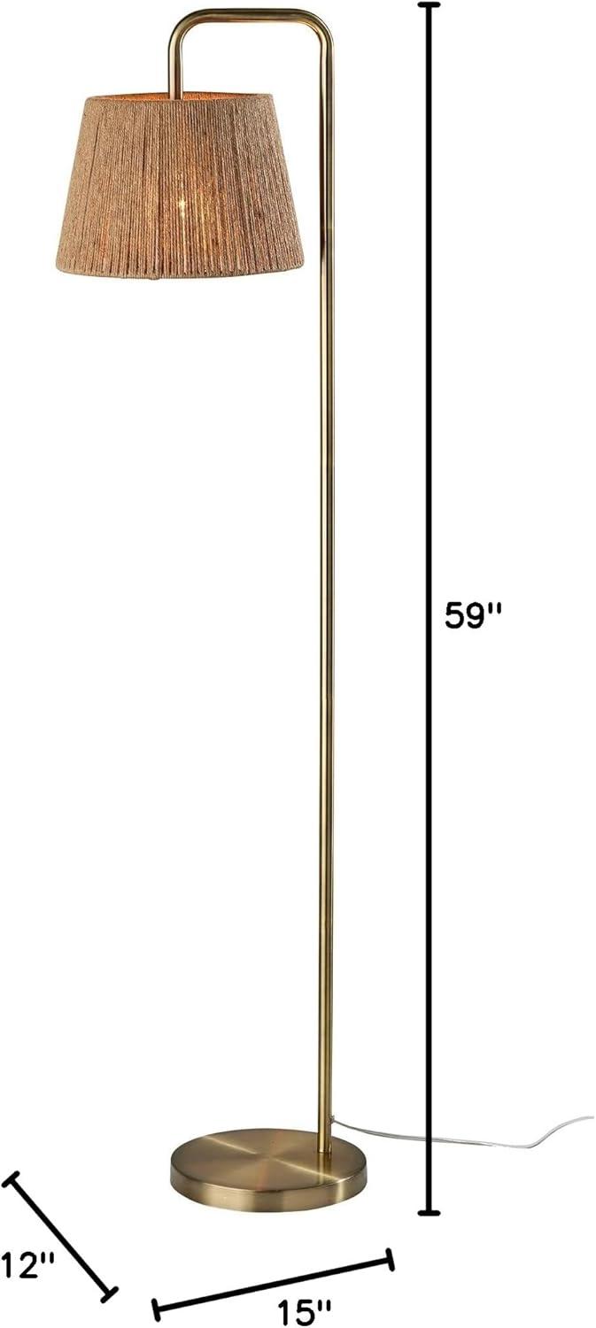 Adesso Tahoma Floor Lamp Antique Brass: Rustic Charm, 59" Tall, Light Brown Rope Shade, UL Listed