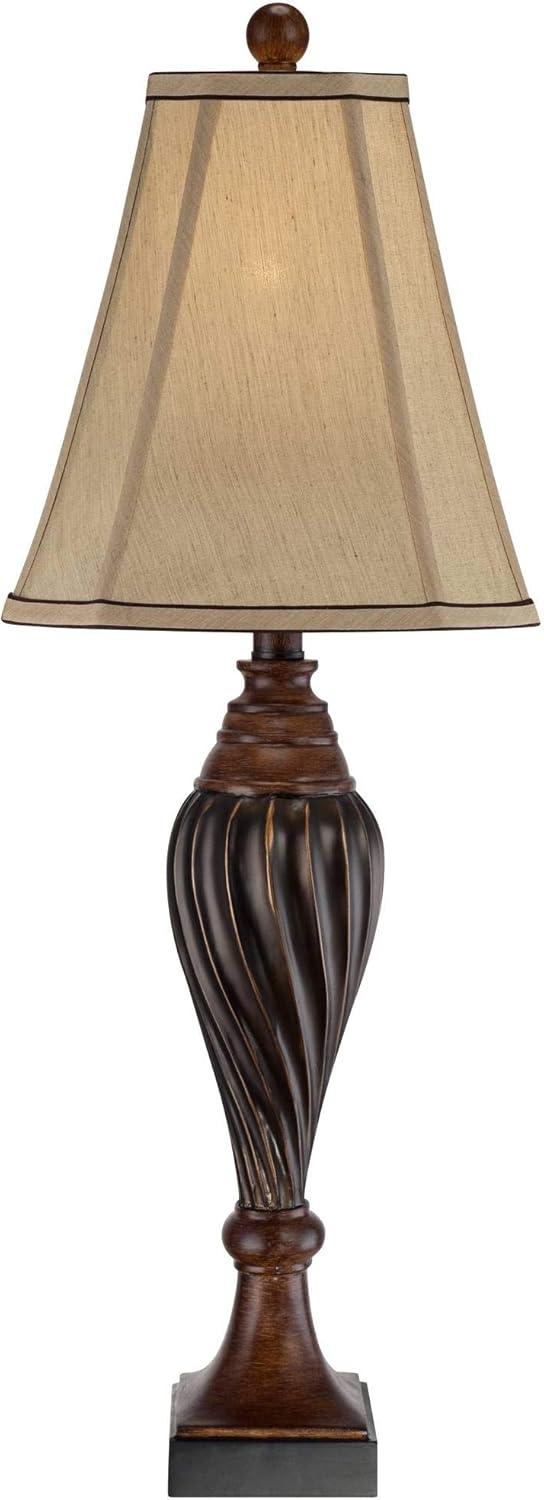 Regency Hill Traditional Table Lamp 28.5" Tall Carved Two Tone Brown Urn Shaped Beige Fabric Shade for Living Room Family Bedroom Bedside