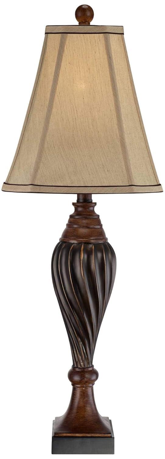 Regency Hill Traditional Table Lamp 28.5" Tall Carved Two Tone Brown Urn Shaped Beige Fabric Shade for Living Room Family Bedroom Bedside