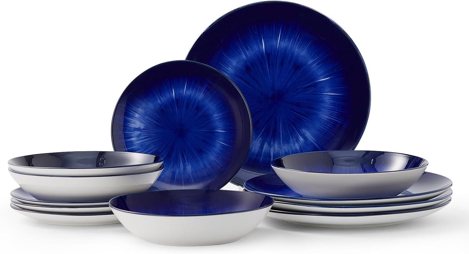 Navy Blue and White Porcelain Dinnerware Set, Service for 4