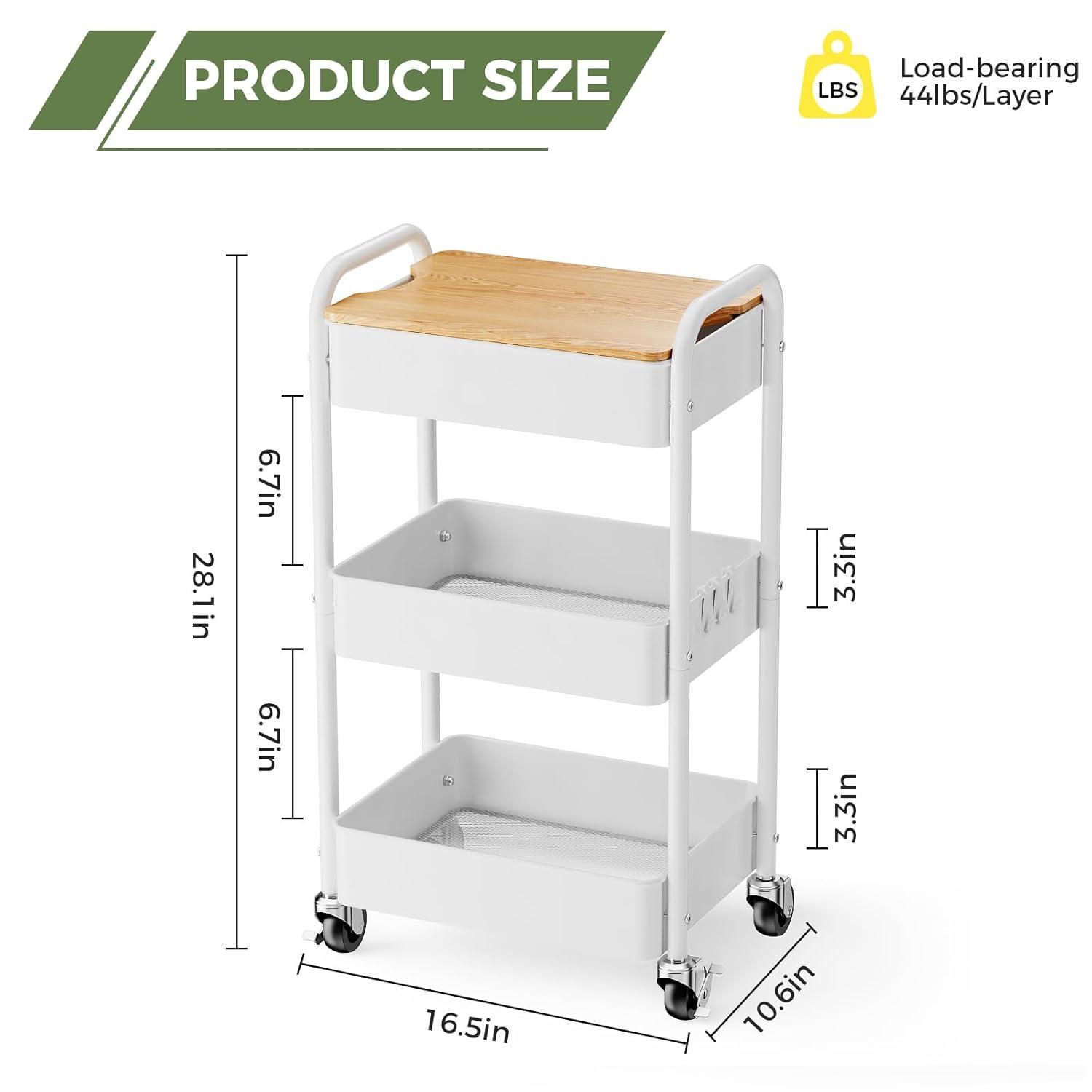 LEHOM 3 Tier Rolling Utility Cart, Metal Trolley Cart with Wheels, Hooks, Easy Assembly Organizer Storage Cart for Bathroom, Kitchen, Office, Bedroom(White)