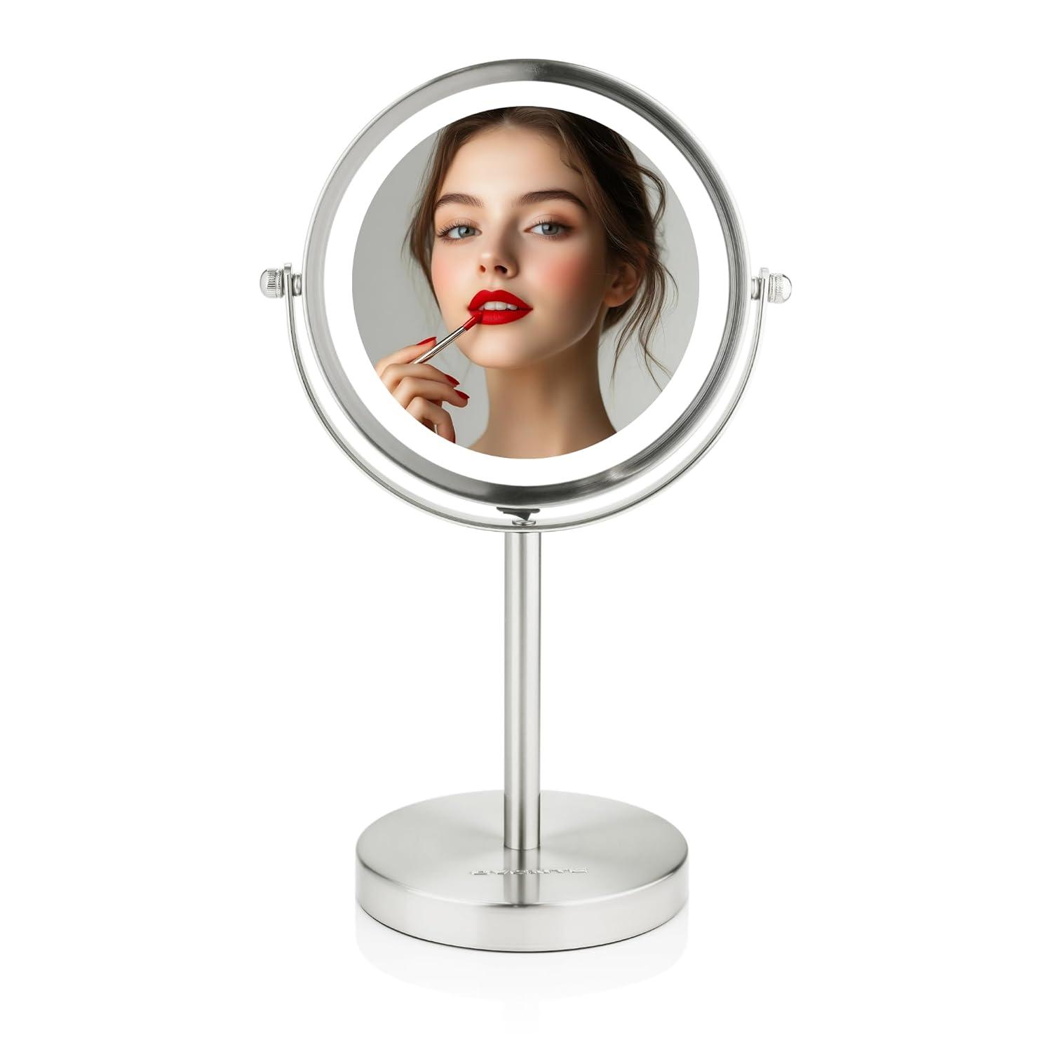Ovente OVENTE 6" Lighted Makeup Mirror with 1X/7X Magnification, Cordless Tabletop Mount Vanity Round Mirror with 360° Swivel Design and Double Sided Cool Tone LED Ring Light, Nickel Brushed MLT60BR1X7X