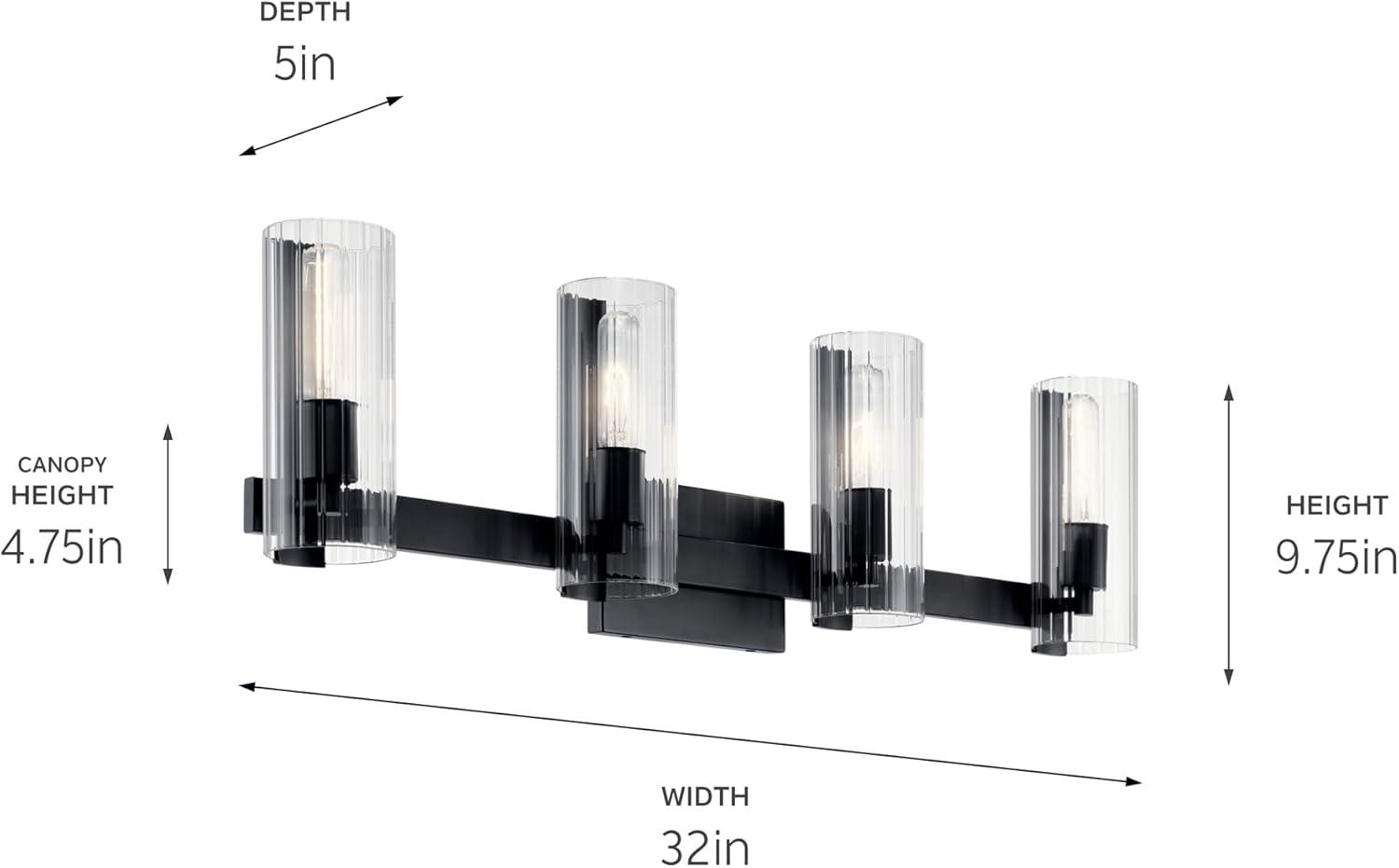 Black and Clear Fluted Glass 4-Light Vanity Fixture