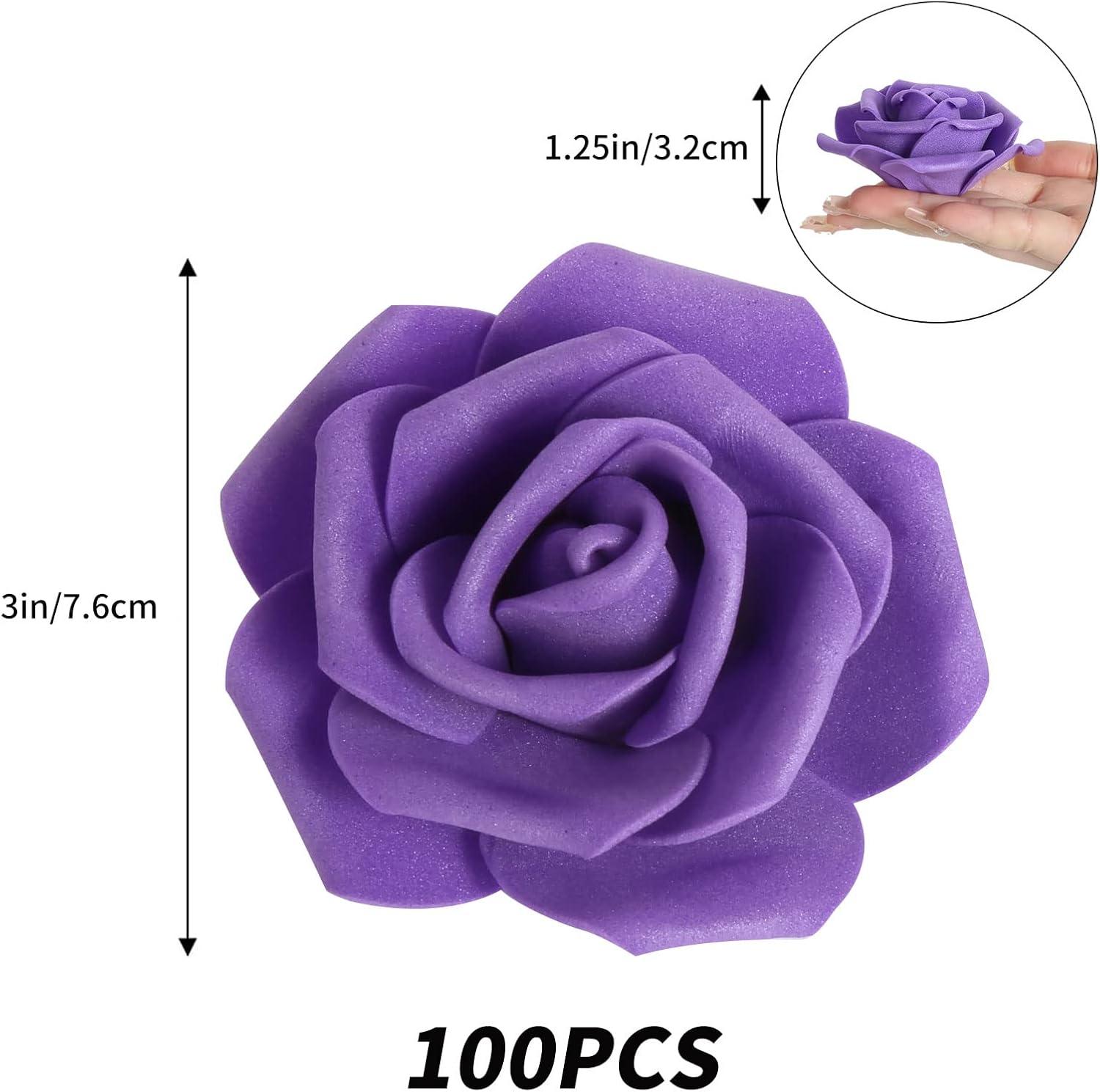 Juvale 100 Pack Purple Artificial Flowers, Bulk Stemless Fake Foam Roses for Wedding, Decorations, Bouquets, 3 in