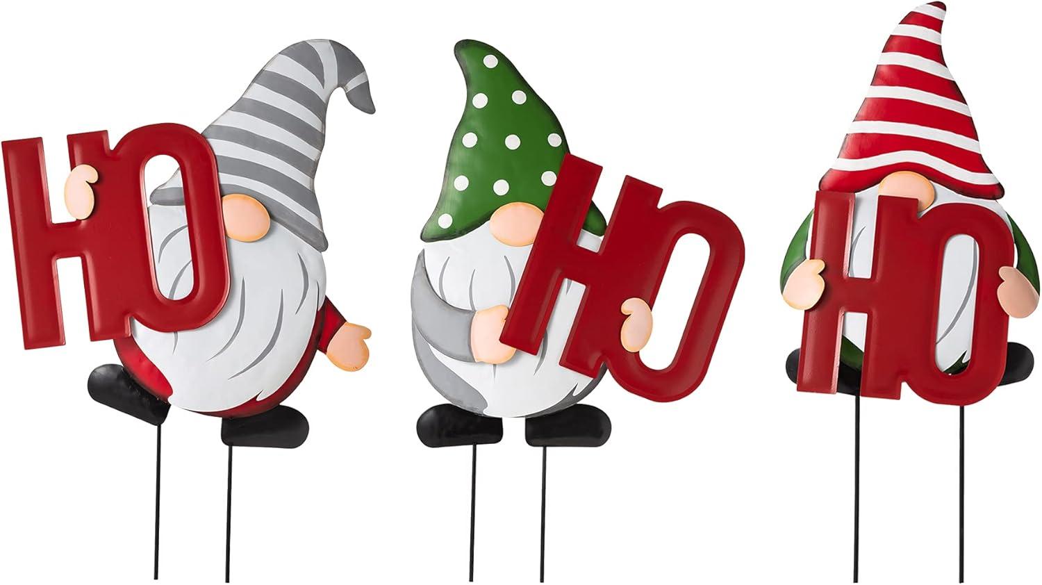 Festive Metal Gnome Yard Stakes with HOHOHO Letters