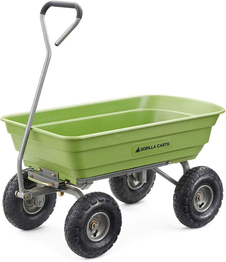 Gorilla Carts 4 Cu Ft Poly Yard Dump Cart and Utility Wagon, with Steel Frame and 600 Pound Heavy Duty Capacity, for Lawn and Gardening, Green