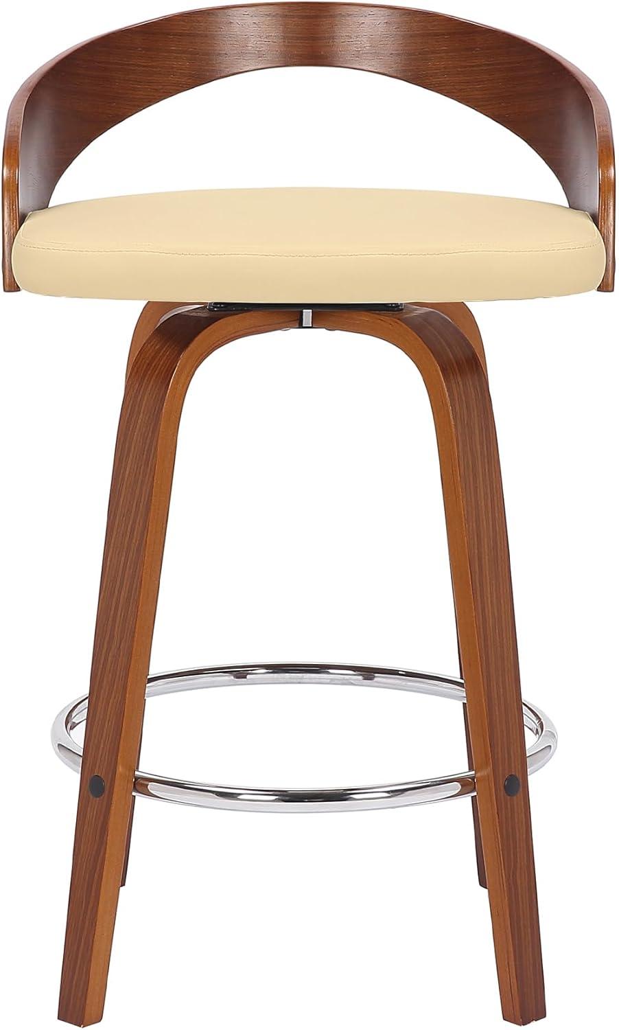 Sonia 26 in.  Counter Height Swivel Cream Faux Leather and Walnut Wood Bar Stool