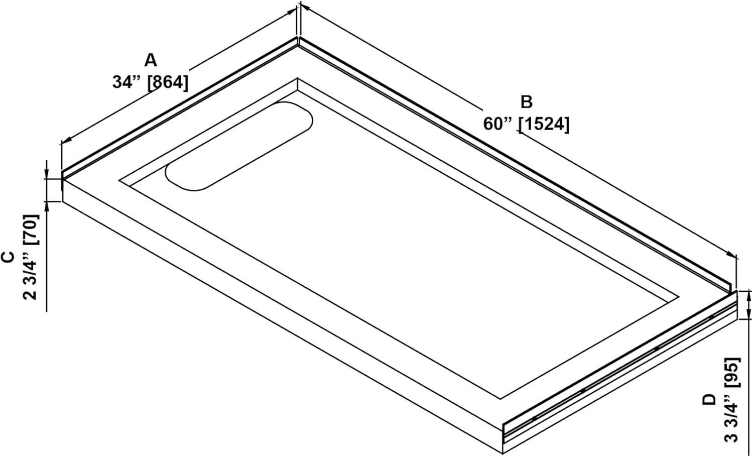 OVE Decors 48" x 36" Rectangle Shower Base Pan, White Acrylic, Hidden Side Drain, Reversible Design