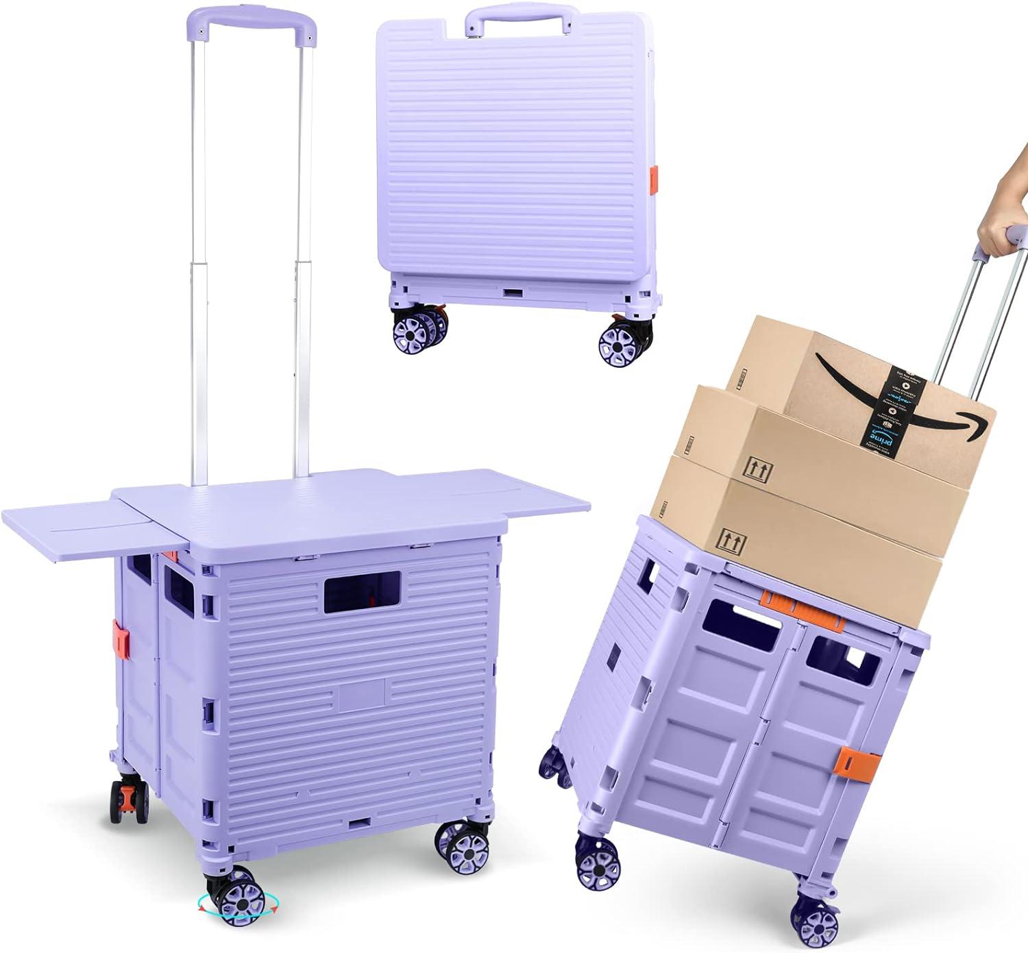 Folding Utility Cart Portable Rolling Crate Handcart with Magnetic Sliding Lid Telescoping Handle Heavy Duty Plastic Box Dolly 360Swivel Wheels for Travel Shopping Move Office Use(Purple Pro)