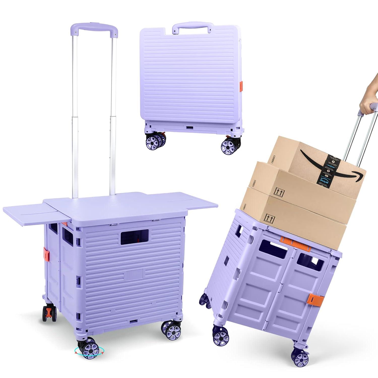 Folding Utility Cart Portable Rolling Crate Handcart with Magnetic Sliding Lid Telescoping Handle Heavy Duty Plastic Box Dolly 360Swivel Wheels for Travel Shopping Move Office Use(Purple Pro)
