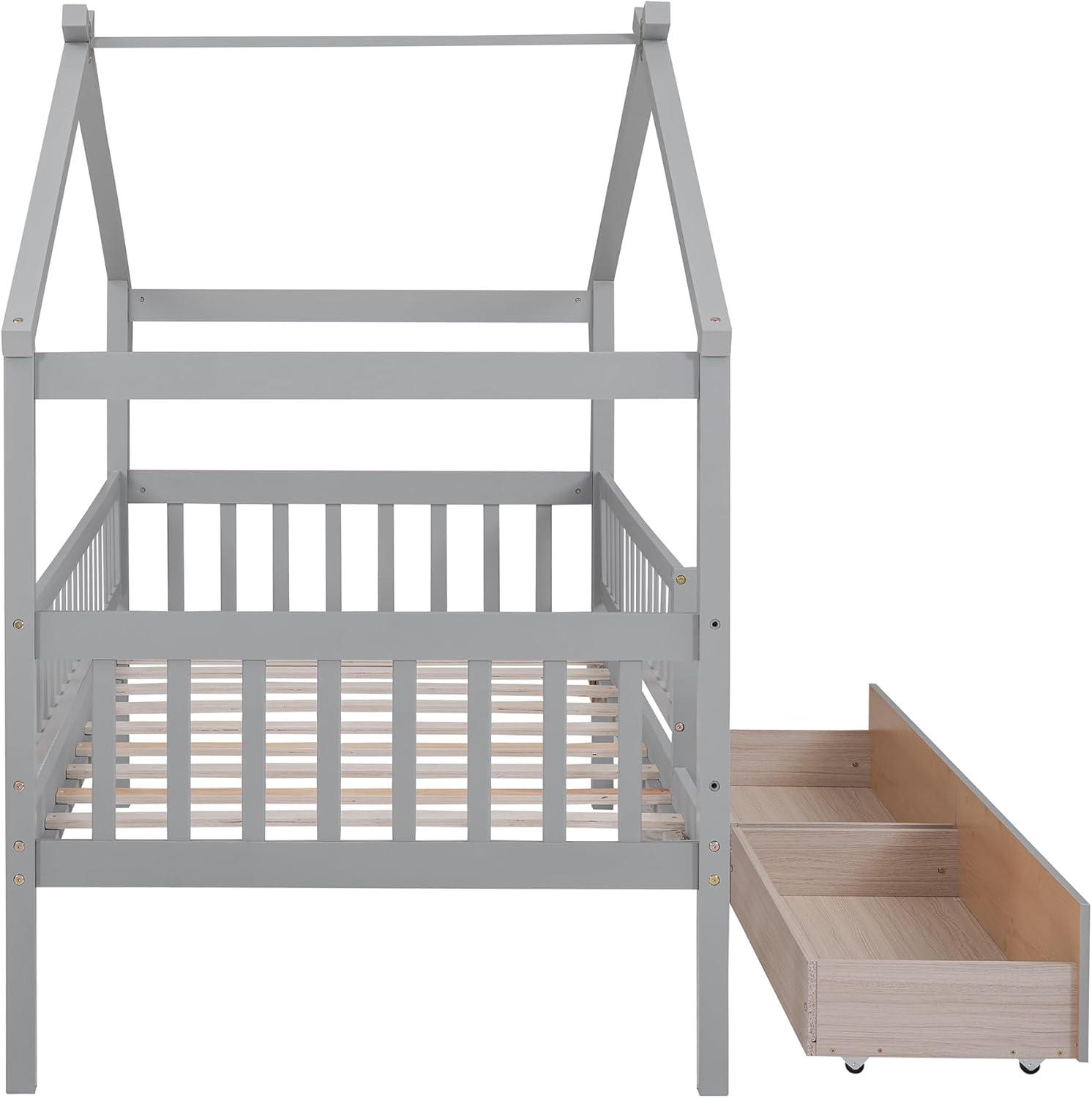 Twin House Bed with 2 Storage Drawers, Kids Twin Bed Frame with Rails and Roof, Tent Bed, Wooden Twin Daybed, Twin Montessori Bed for Kids Teens Girls & Boys, No Box Spring Needed (Gray)