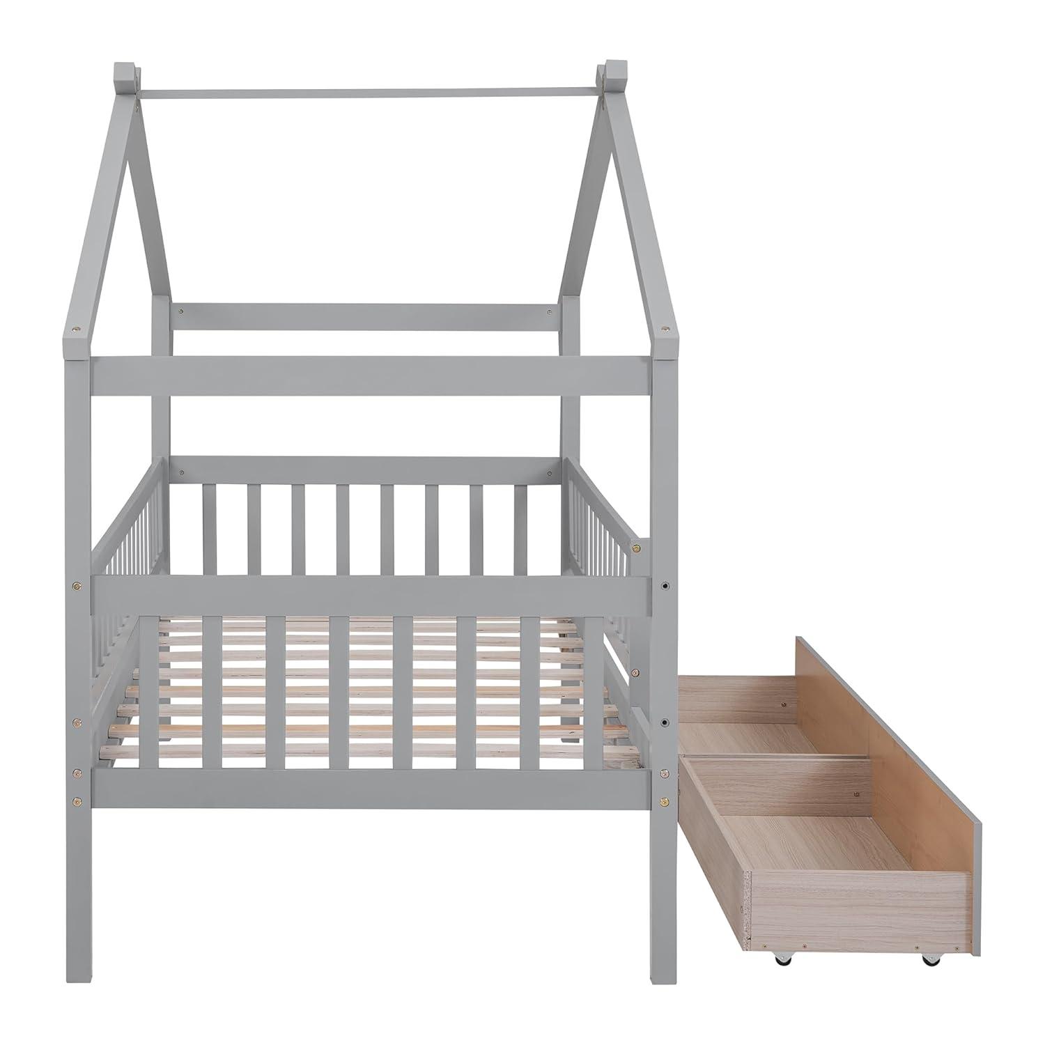 Twin House Bed with 2 Storage Drawers, Kids Twin Bed Frame with Rails and Roof, Tent Bed, Wooden Twin Daybed, Twin Montessori Bed for Kids Teens Girls & Boys, No Box Spring Needed (Gray)