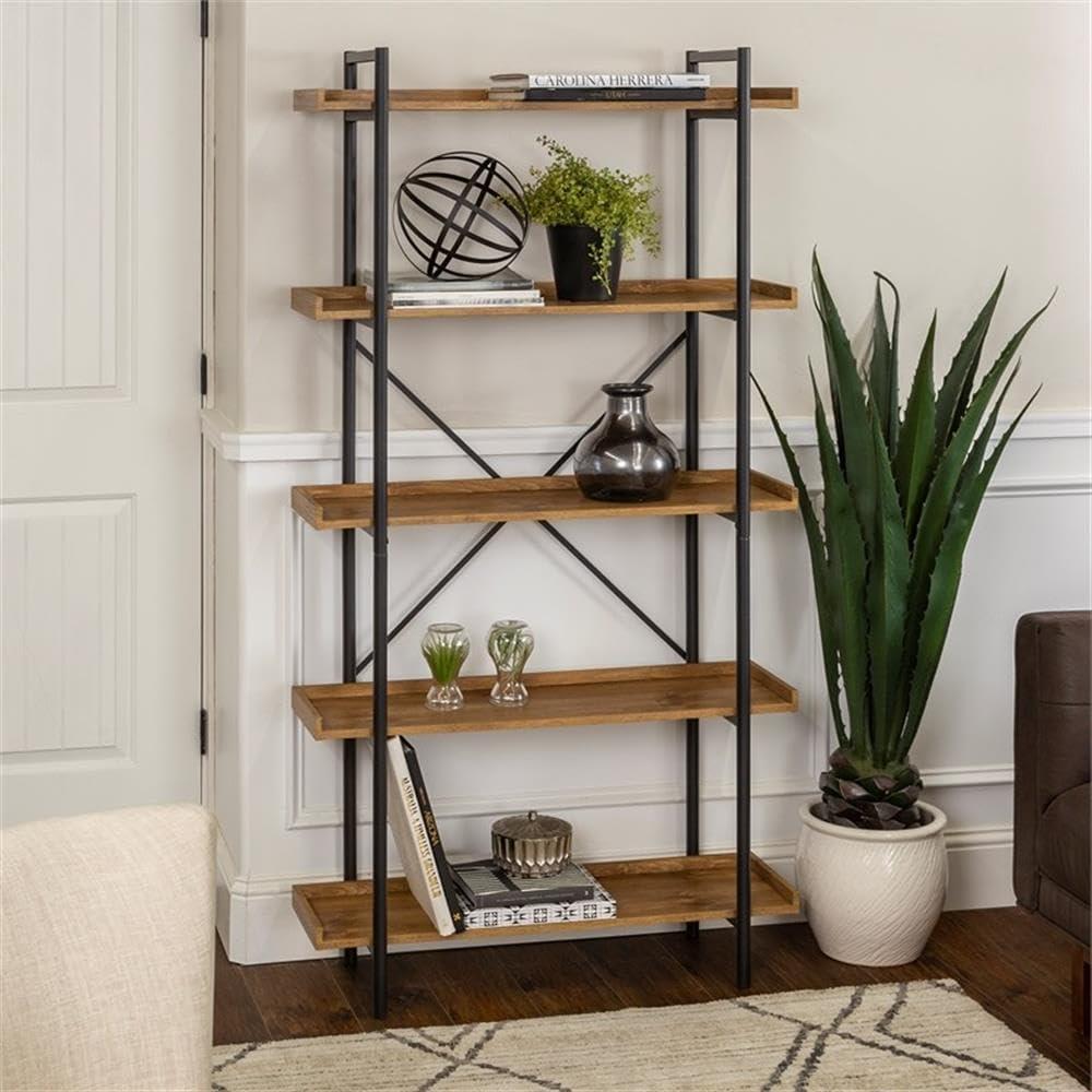 Walker Edison 5 Shelf Industrial Wood Metal Bookcase Tall Bookshelf Storage Home Office, 68 Inch, Driftwood