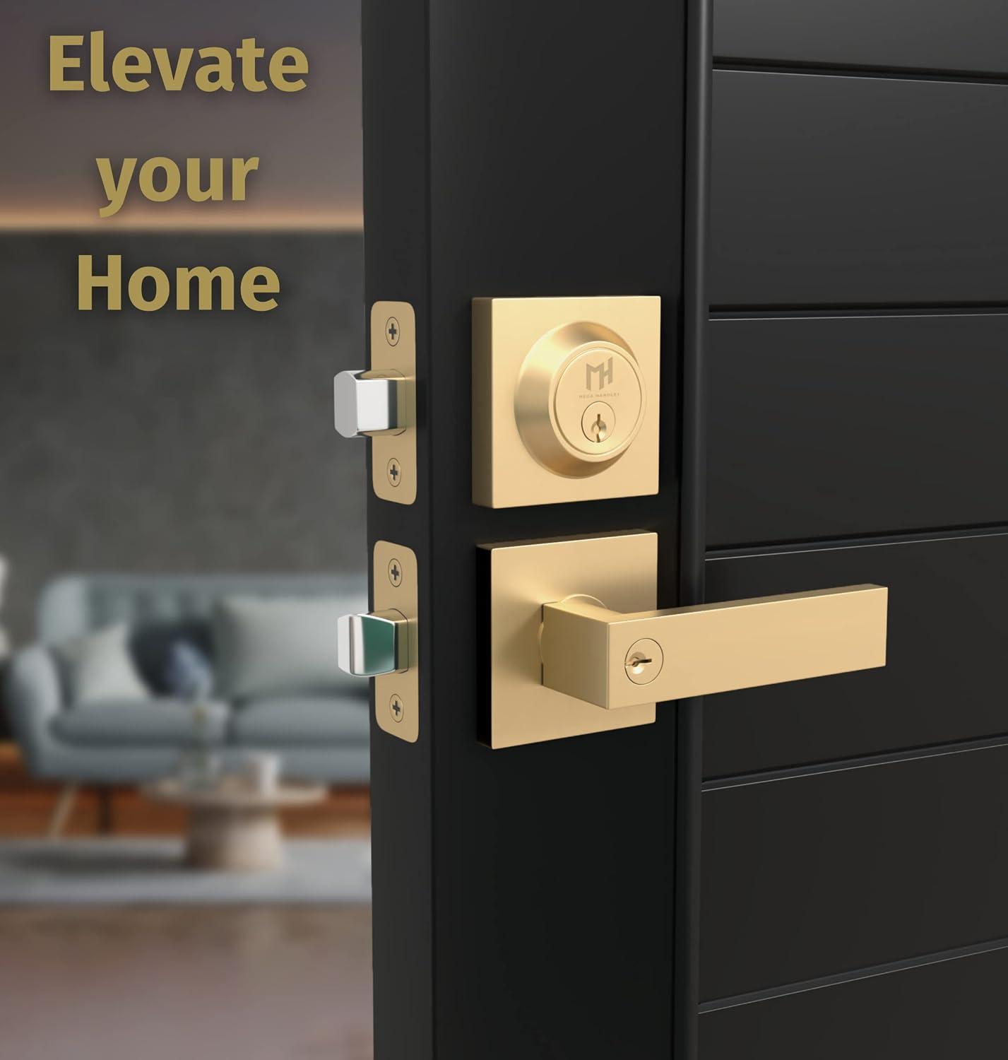 Mega Handles ROBELL Reversible Entry Door Lever and Single Cylinder Deadbolt Lock Combo Pack | Modern Keyed Lever