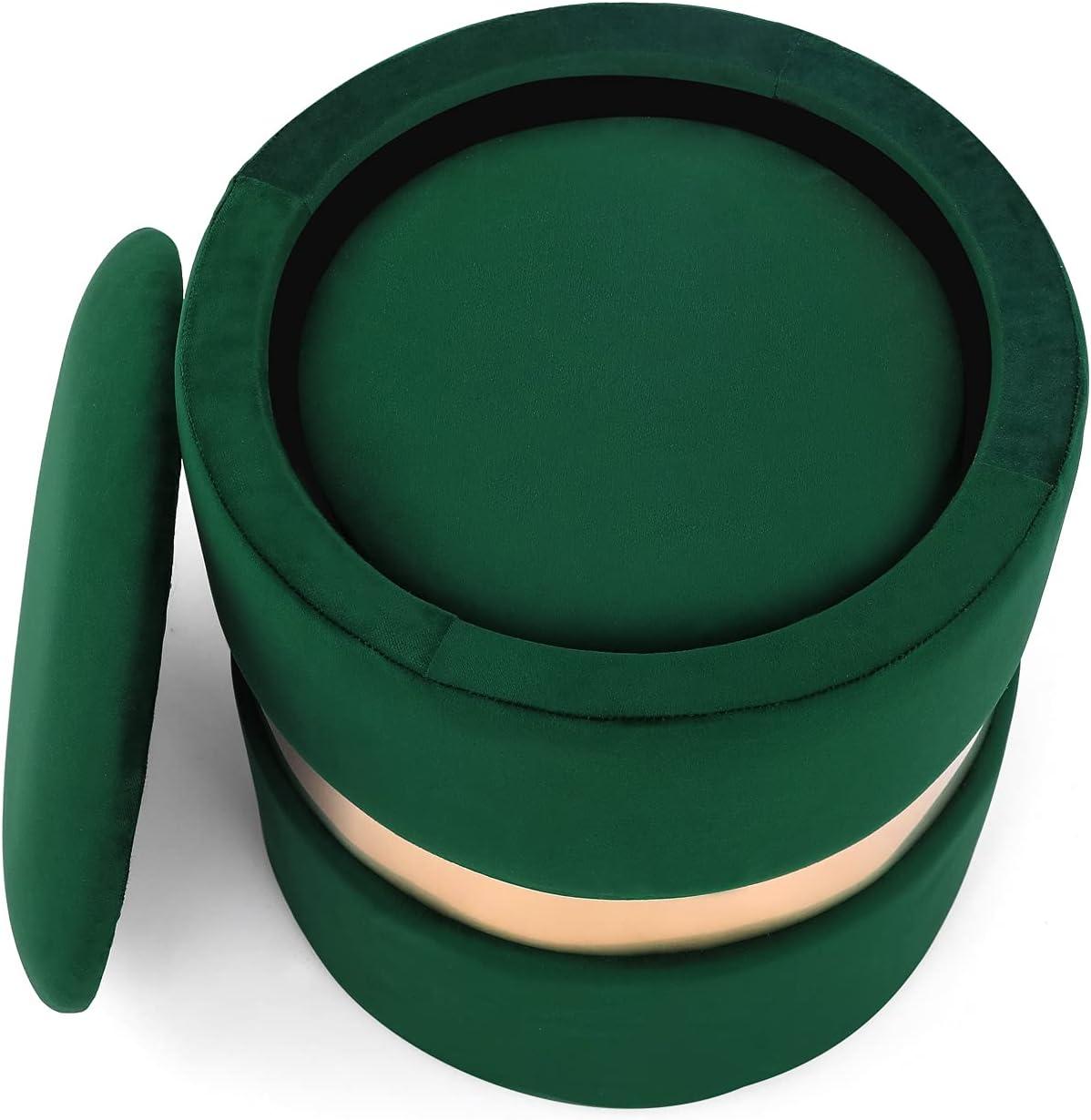 Green Velvet Round Storage Ottoman Set with Gold Accent