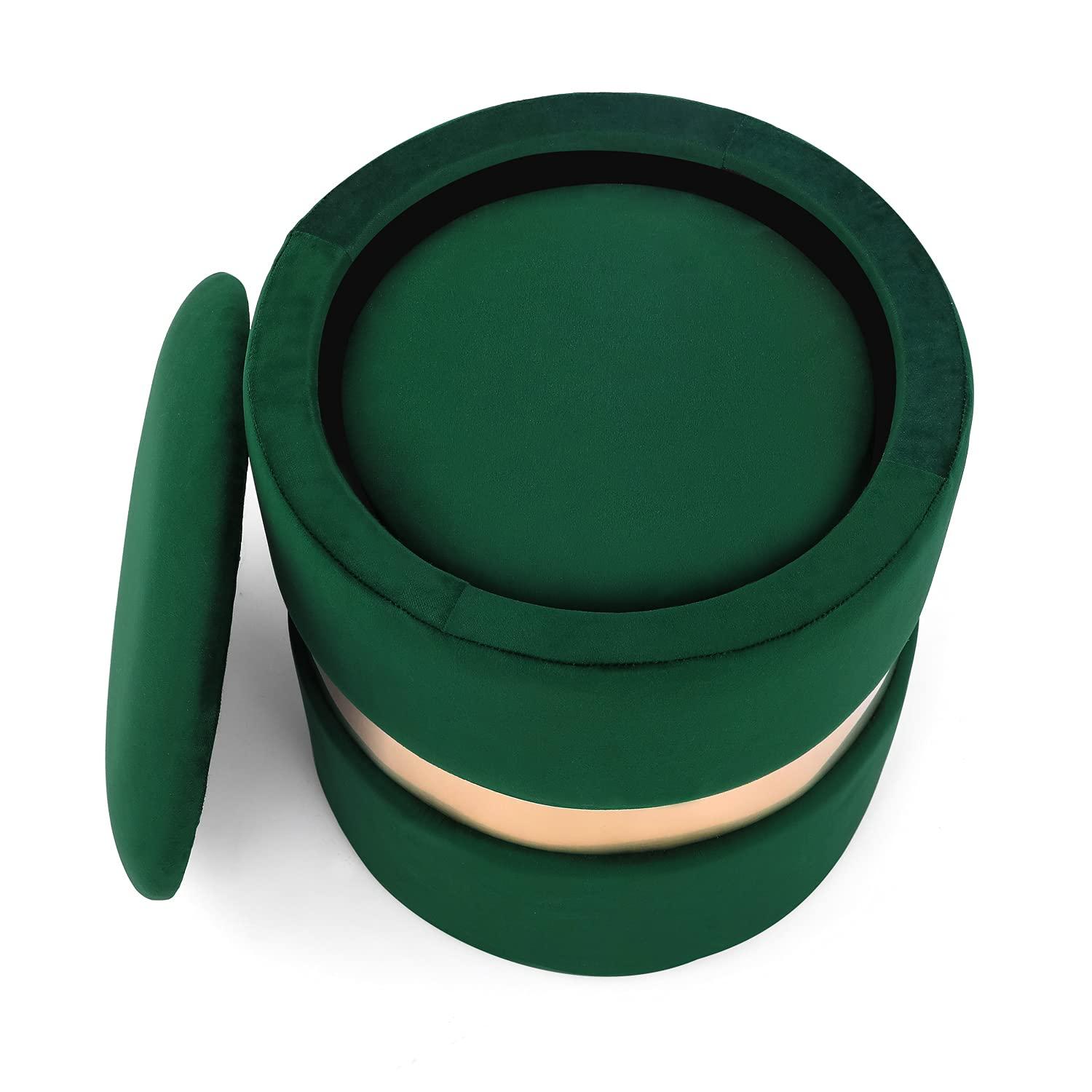 Green Velvet Round Storage Ottoman Set with Gold Accent