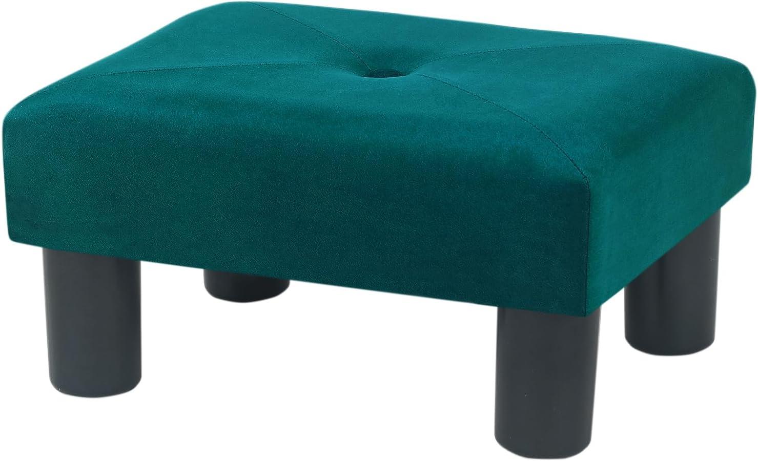 Green Velvet Tufted Small Footstool Ottoman with Black Legs