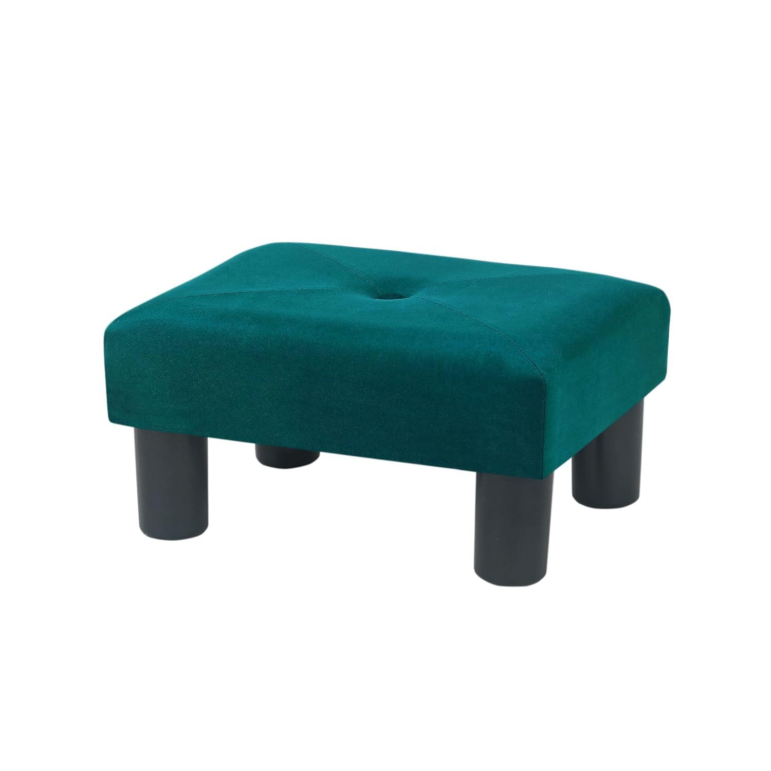 Adeco 14.5" Velvet Small Footstool Ottoman for Footrest, Modern Rectangle Step Stool Extra Seating with Non-Skid Plastic Legs for Living Room, Couch, Entryway, Green and Blue