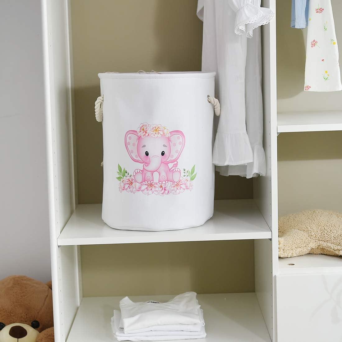 Pink Elephant Collapsible Kids Laundry Hamper with Handles