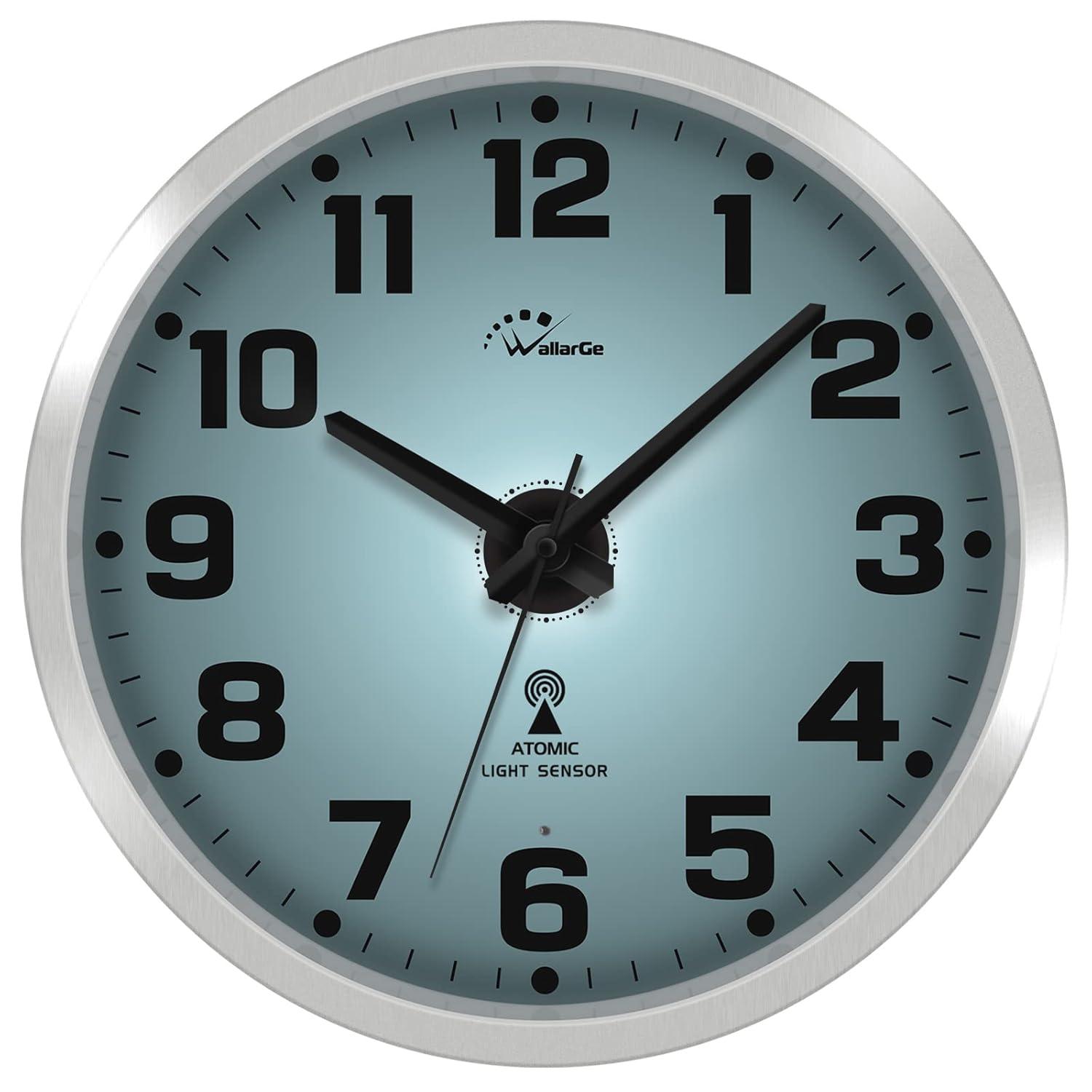 WallarGe Atomic Wall Clock with Night Light - Silent Lighted up Wall Clock Glow in The Dark, Battery Operated, AUTO DST, 12 Inch