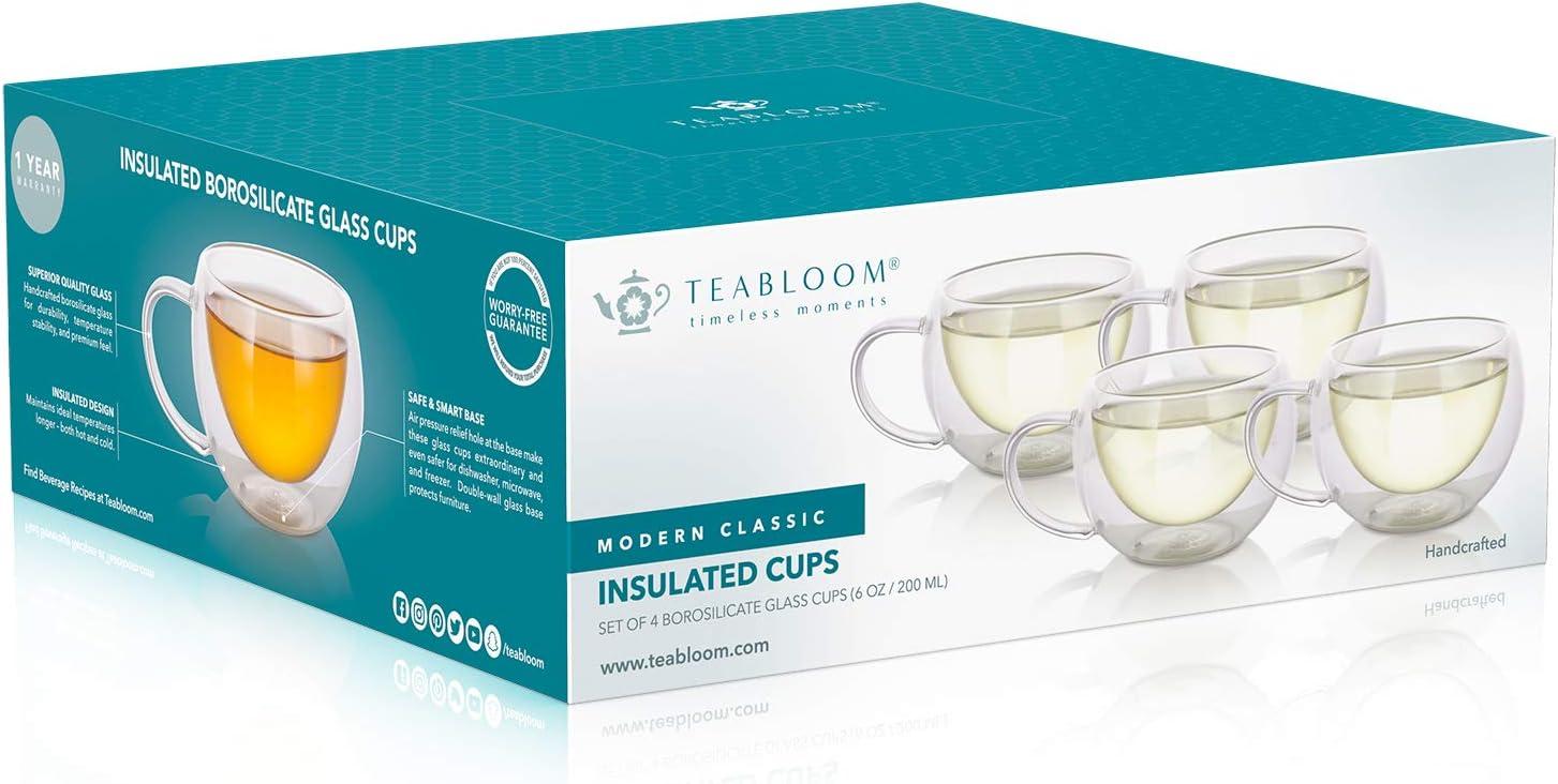 Teabloom MODERN CLASSIC® Double Walled Cups – Insulated Glass Cups - 6oz / 200ml (Set of 4)