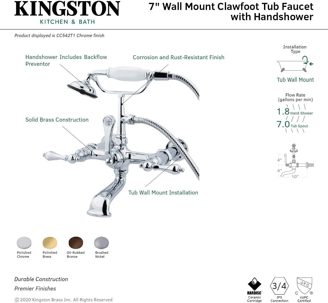 Kingston Brass Vintage Three-Handle 2-Hole Tub Wall Mount Clawfoot Tub Faucet with Hand Shower