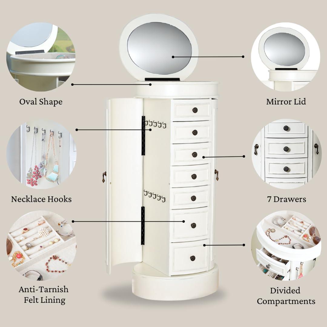 Hives and Honey Bailee Standing Jewelry Armoire - 7 Drawers, Mirror Top, Side Doors - Necklace, Earring, Bracelet Organizer, Ivory
