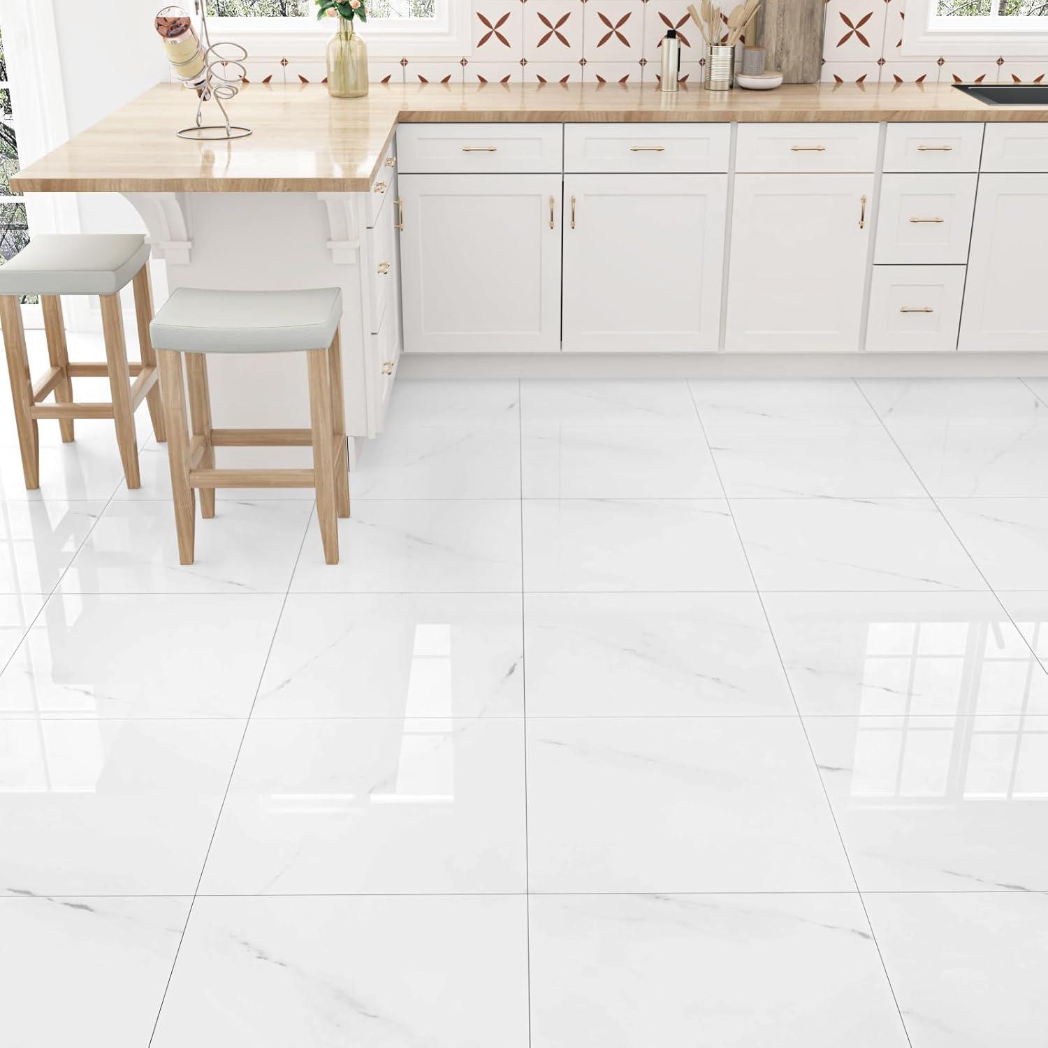 WESTICK Marble White Peel and Stick Floor Tile Waterproof Vinyl Tiles Peel and Stick Floor 12" x 12" Removable Self Adhesive Flooring Tiles for Bathroom Bedroom Kitchen Flooring Living Room Gym 5 PCS