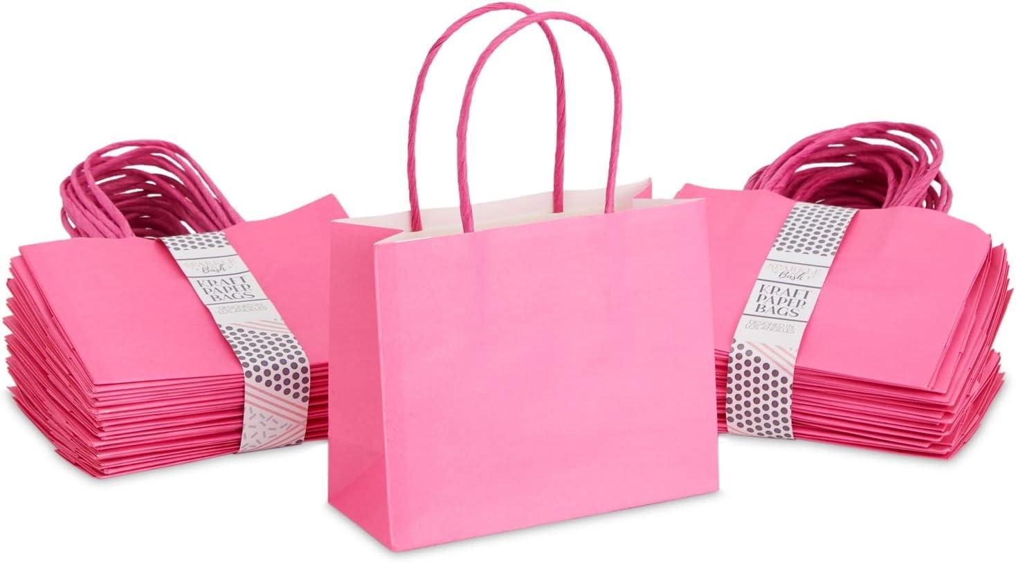 Sparkle and Bash 50 Pack Mini Pink Gift Bags with Handles, Bulk Kraft Party Favor Bags, 6 x 5 x 2.5 in