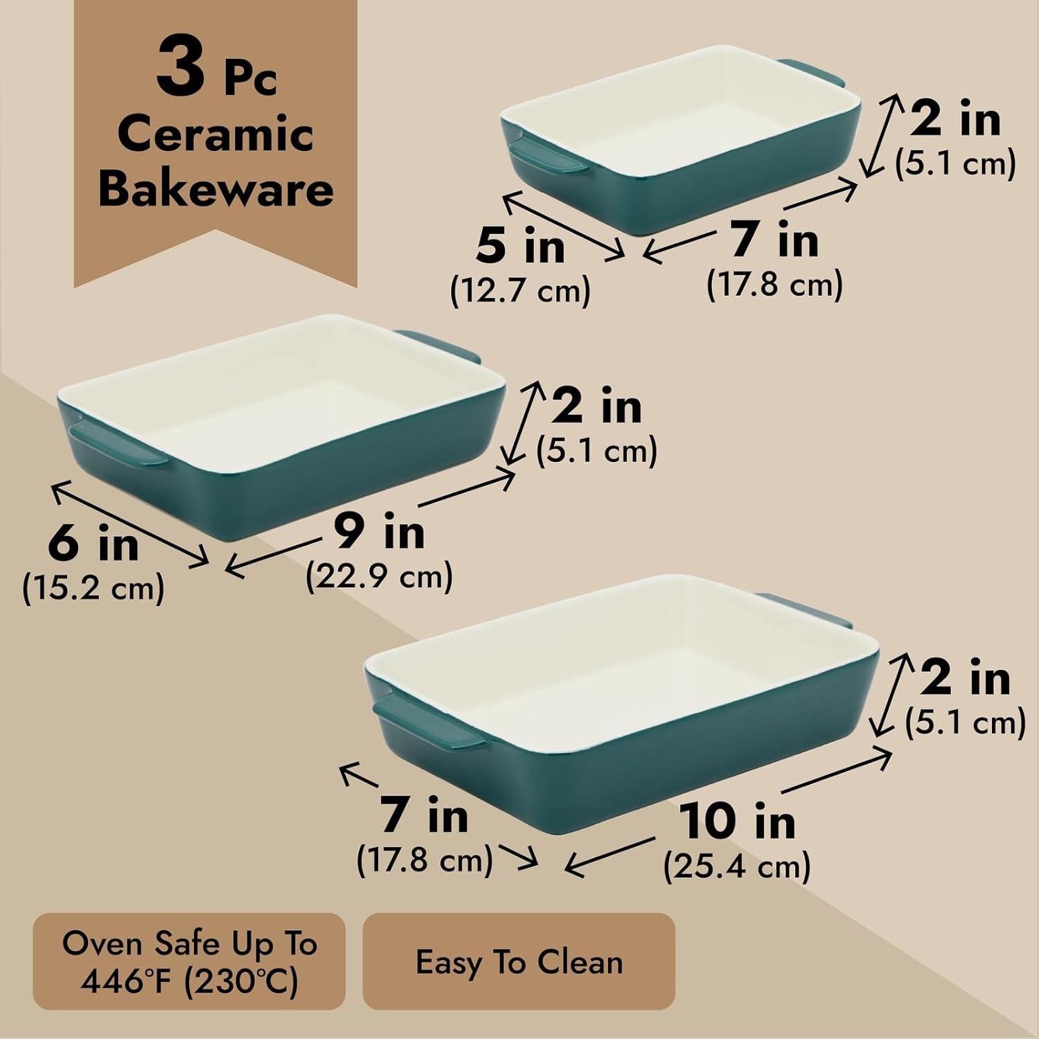 FETLOD 3 Piece Green Casserole Dishes For Oven Use, Baking, Rectangular Ceramic Bakeware Set In Assorted Sizes