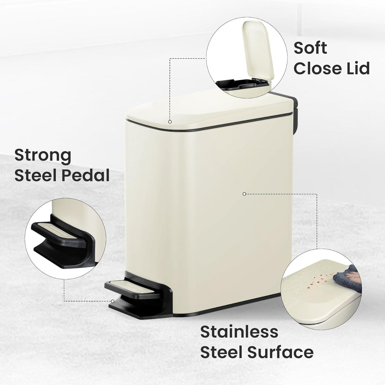 Small Bathroom Trash Can with Lid Soft Close, 6 Liter / 1.6 Gallon Stainless Steel Garbage Can Narrow with Removable Inner Bucket, Step Pedal (White)