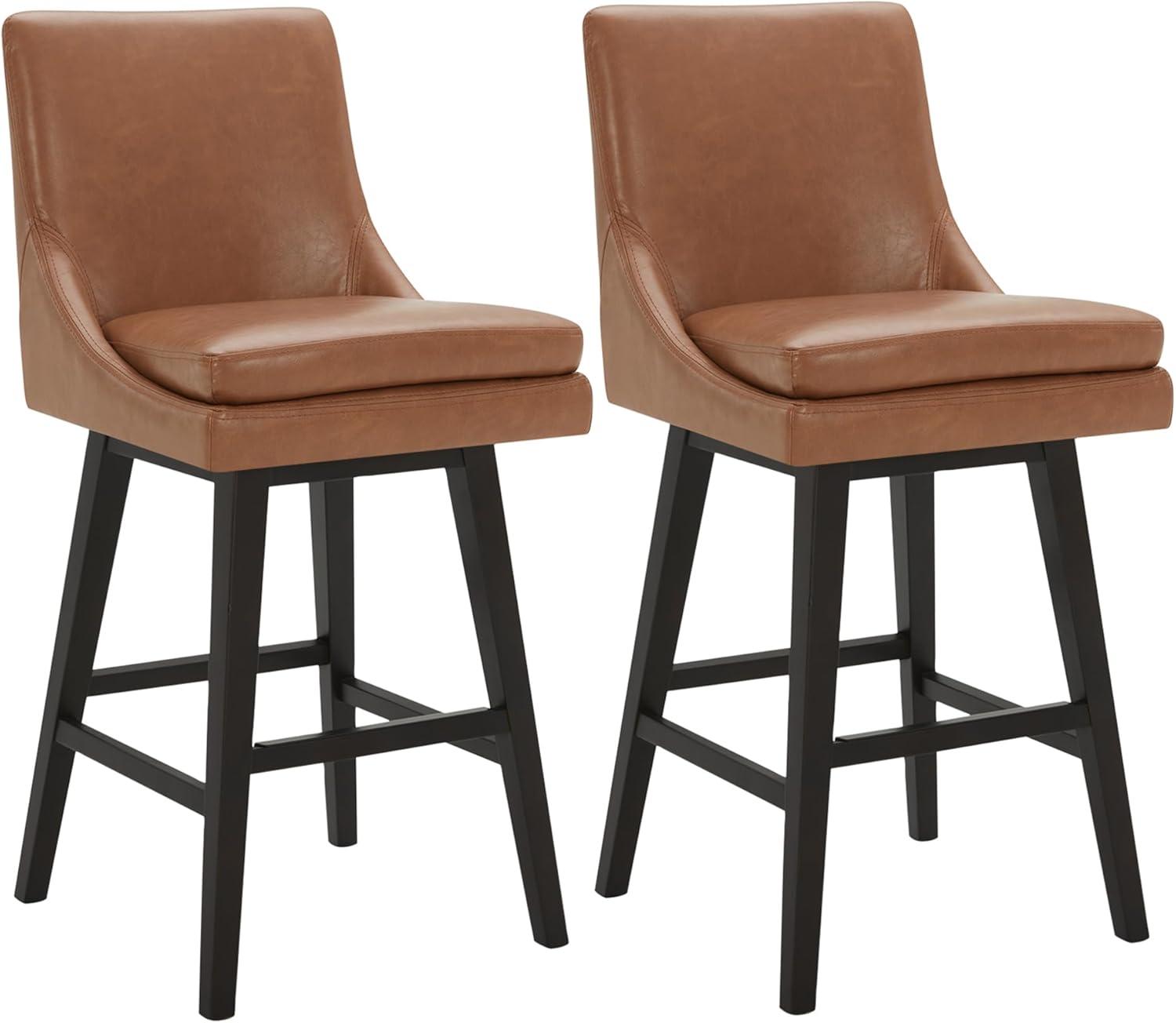 Fiona 26.8 in. Saddle Brown High Back Solid Wood Frame Swivel Counter Height Bar Stool with Faux Leather Seat(Set of 2)